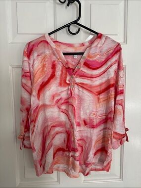 Chico's Pink & Coral Marble-Print Henley Tunic